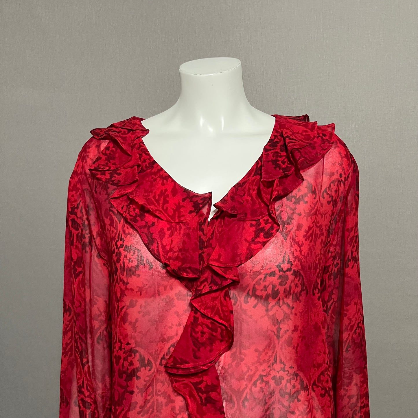 Chicos 100% Silk Red Ruffle Sheer Print Blouse Sz-3 XL