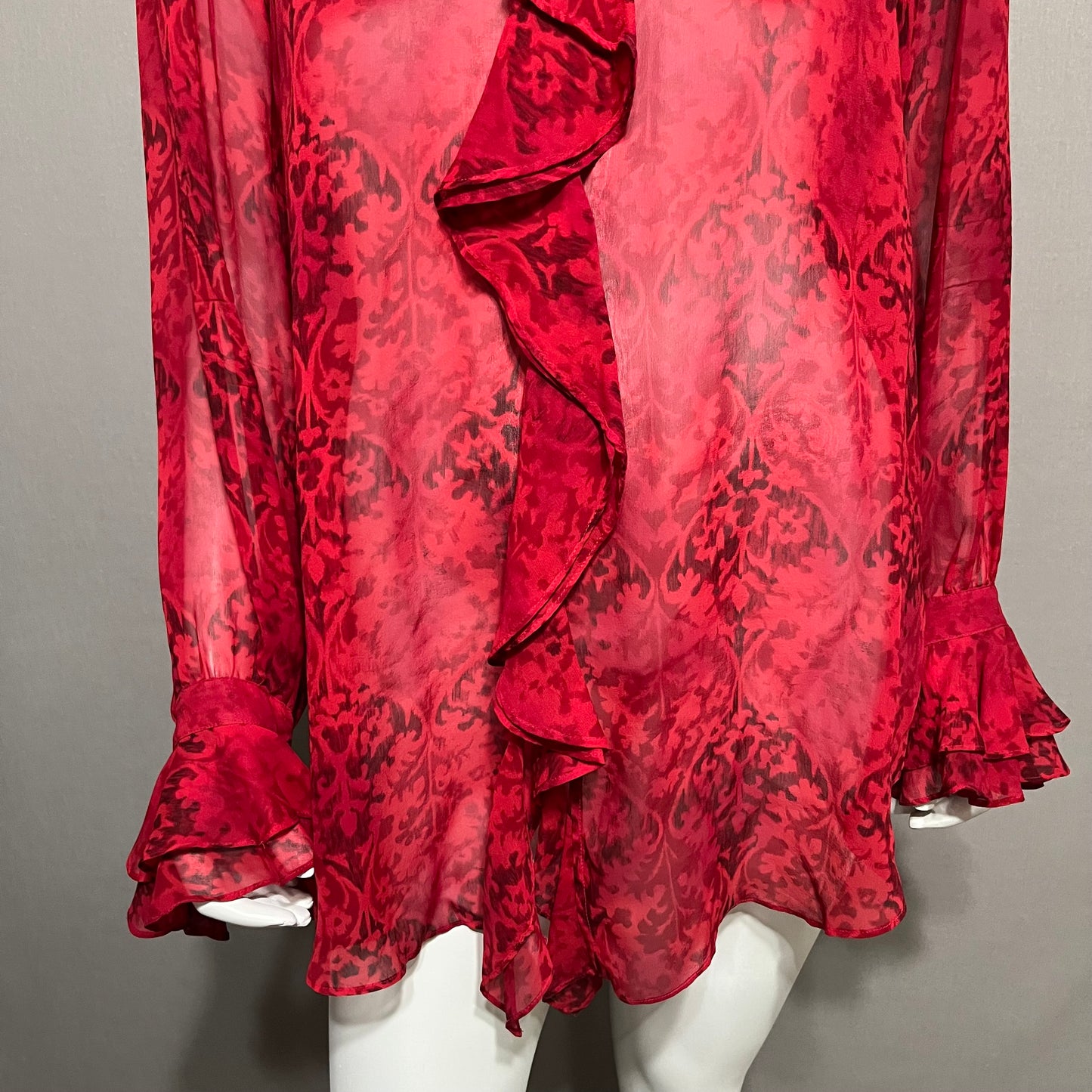 Chicos 100% Silk Red Ruffle Sheer Print Blouse Sz-3 XL