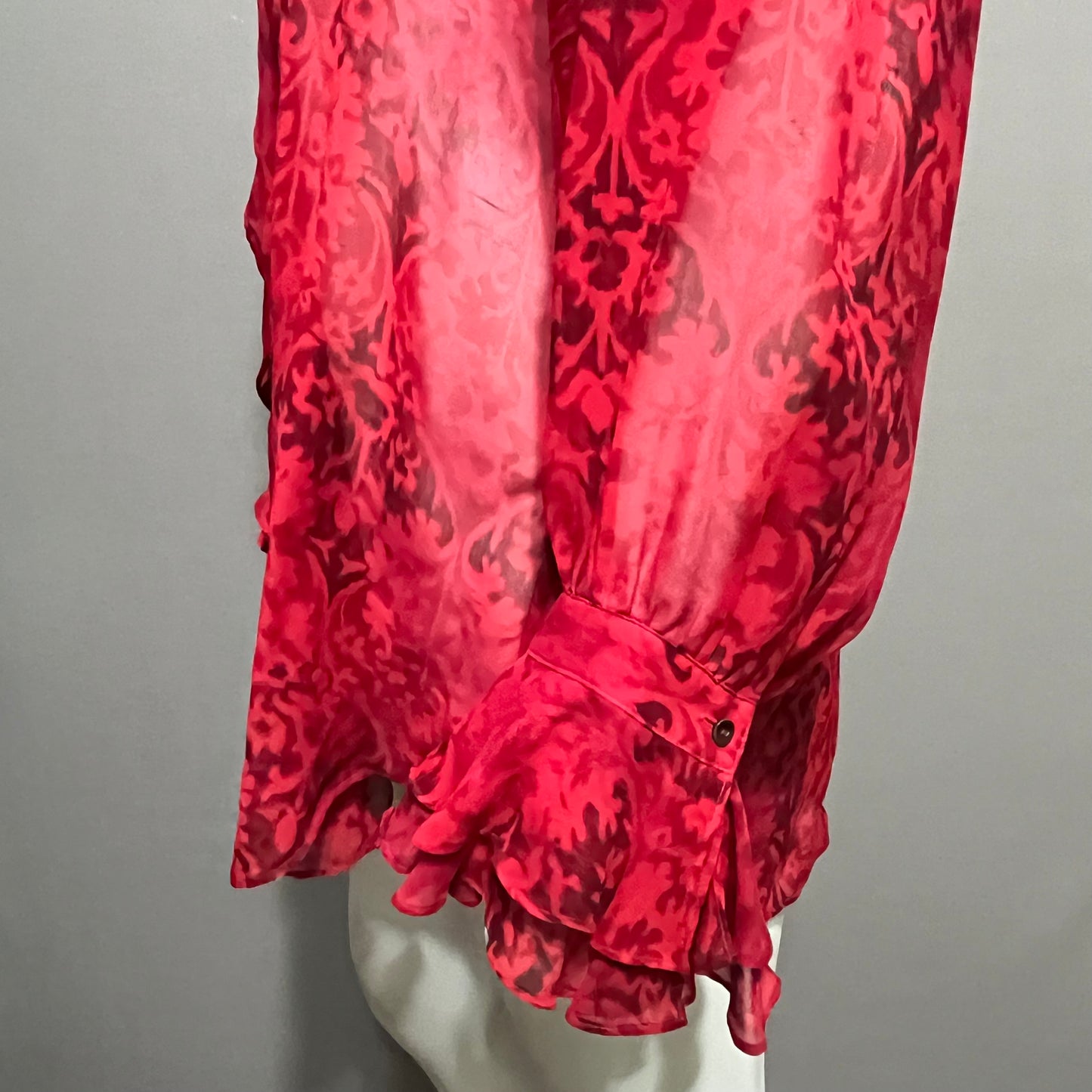 Chicos 100% Silk Red Ruffle Sheer Print Blouse Sz-3 XL