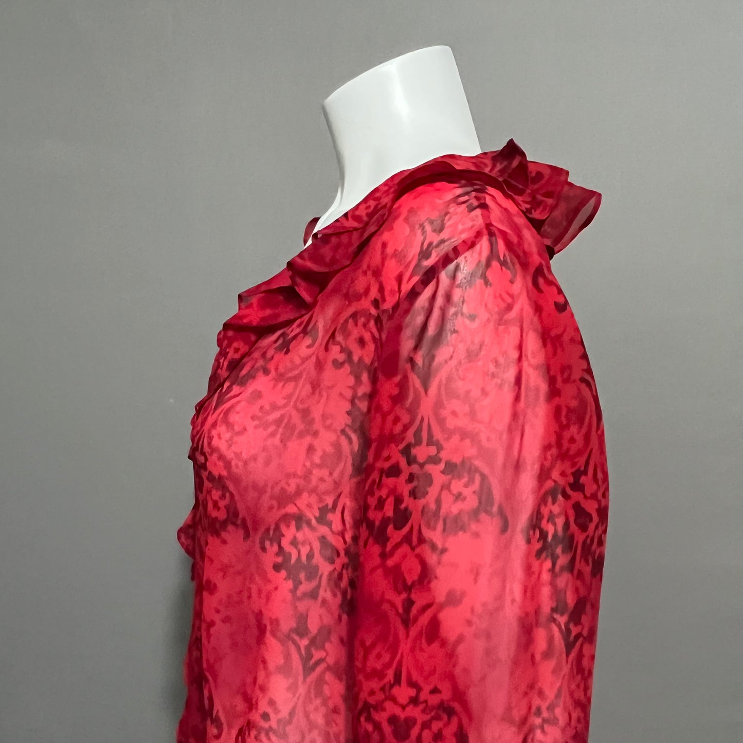 Chicos 100% Silk Red Ruffle Sheer Print Blouse Sz-3 XL