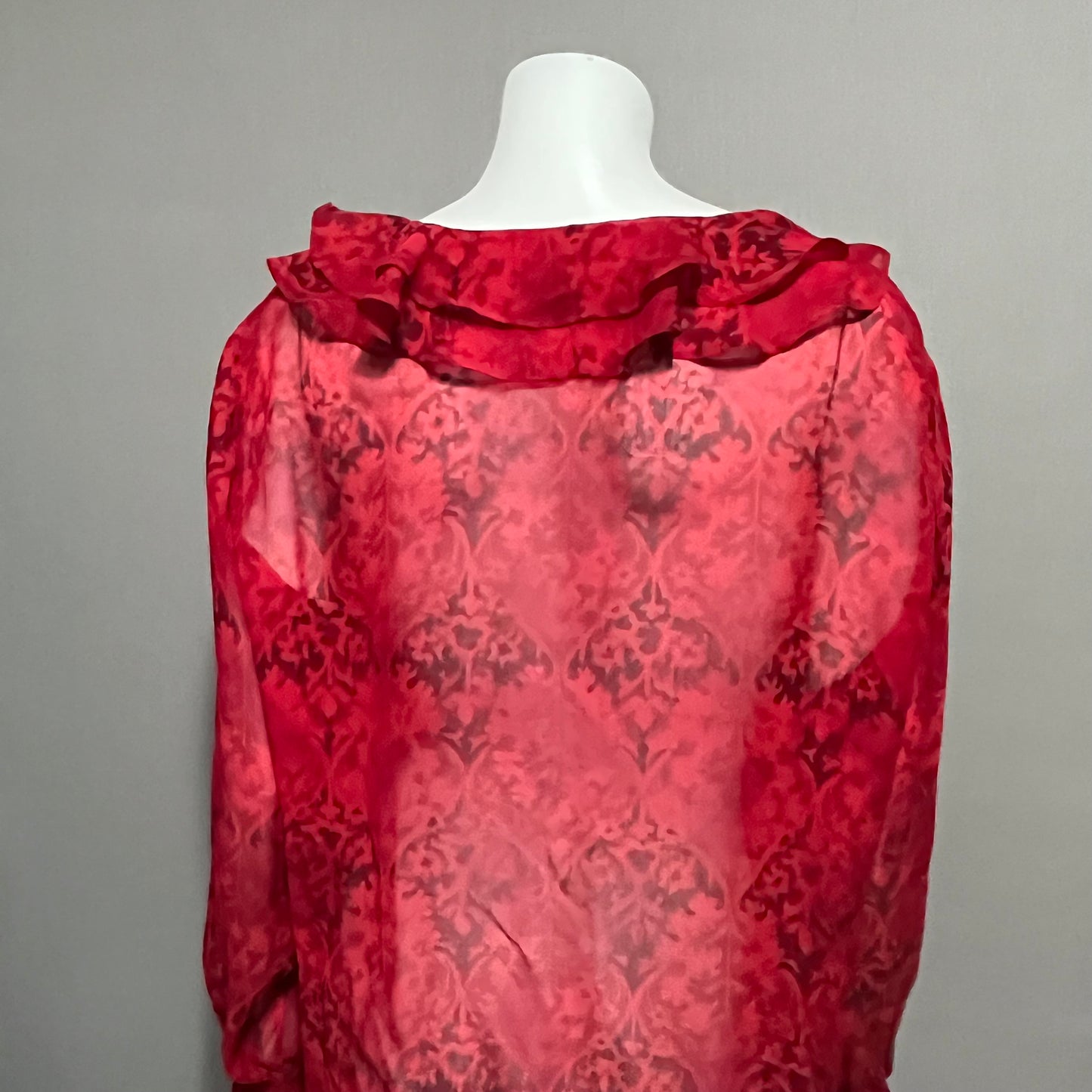 Chicos 100% Silk Red Ruffle Sheer Print Blouse Sz-3 XL