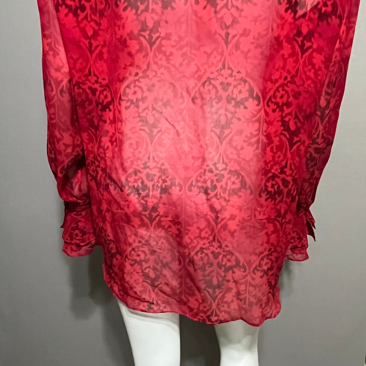 Chicos 100% Silk Red Ruffle Sheer Print Blouse Sz-3 XL