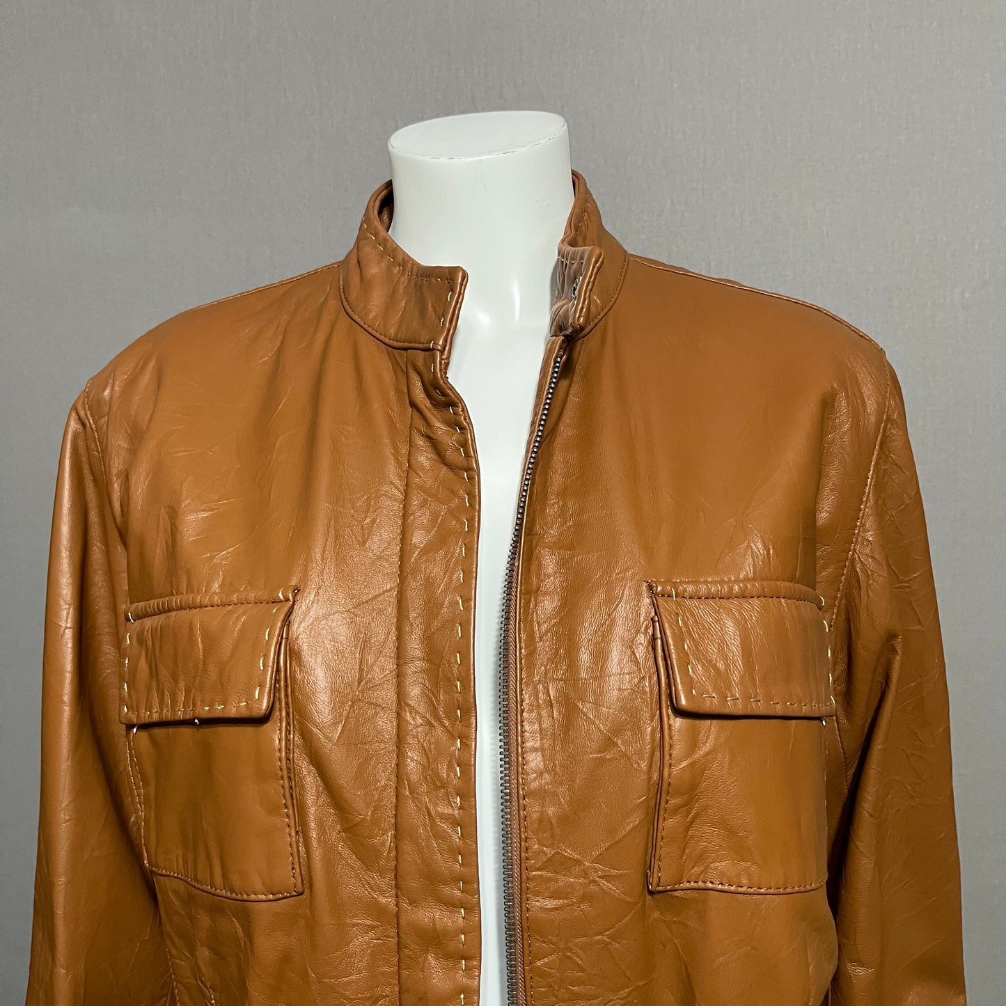 Chicos Camel 100% Leather Textured Jacket Sz-2 Large