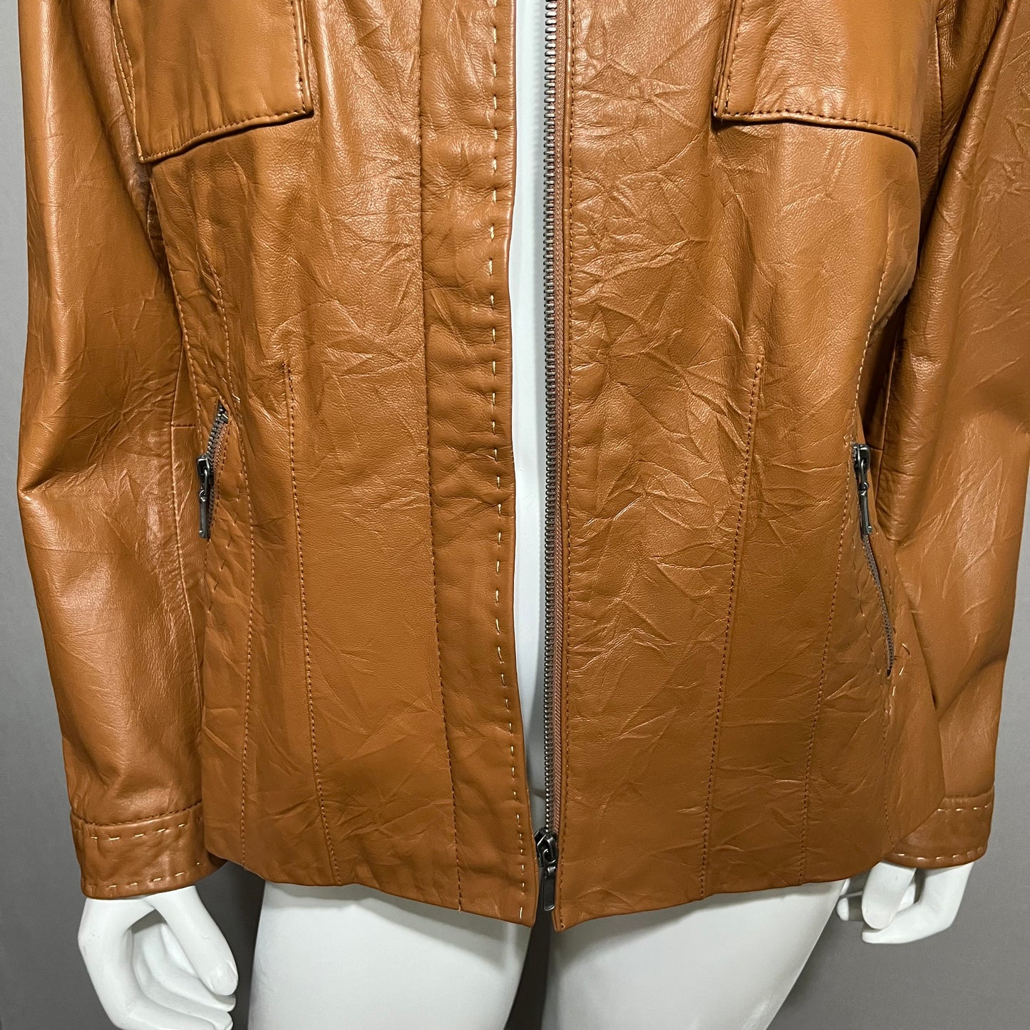 Chicos Camel 100% Leather Textured Jacket Sz-2 Large