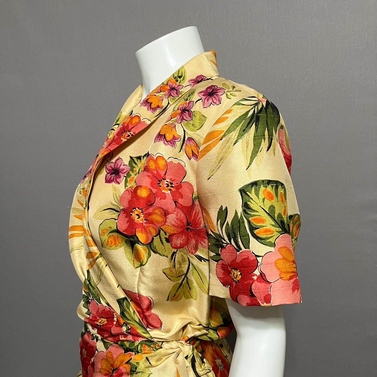 Vintage Barrie Pace 100% Pure Silk Hawaiian Floral Faux Wrap Dress Sz-14