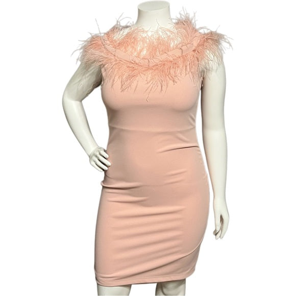 Goddiva London Pastel Pink Feather Collar Dress Sz-Large (12)