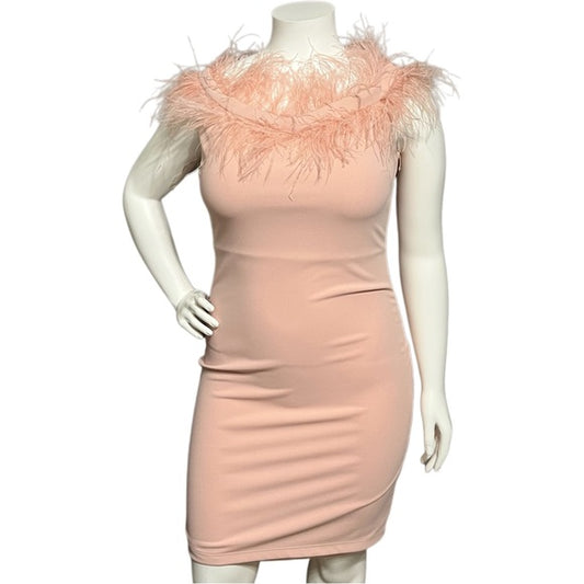 Goddiva London Pastel Pink Feather Collar Dress Sz-Large (12)