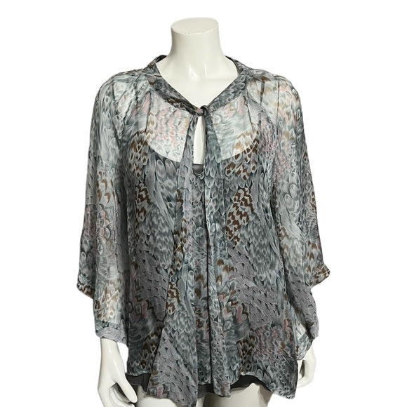 Love21 Silk Sheer Teal/Brown Print Blouse Sz-Lg