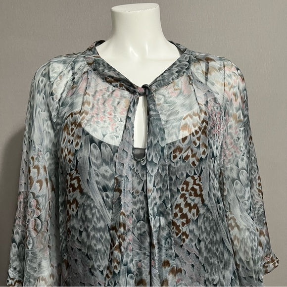 Love21 Silk Sheer Teal/Brown Print Blouse Sz-Lg