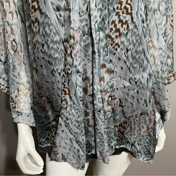 Love21 Silk Sheer Teal/Brown Print Blouse Sz-Lg