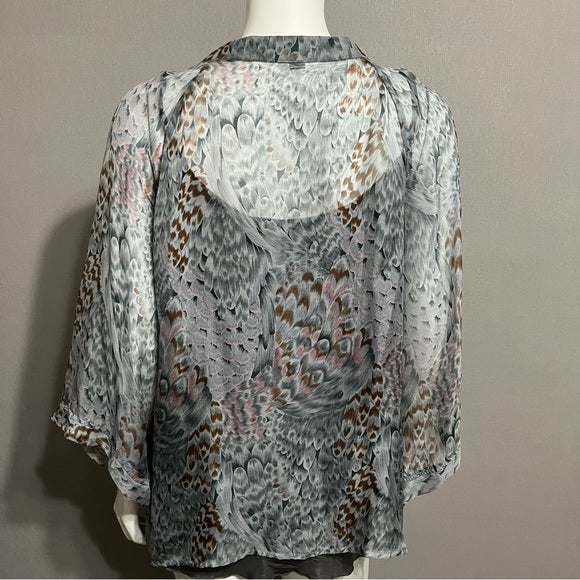 Love21 Silk Sheer Teal/Brown Print Blouse Sz-Lg