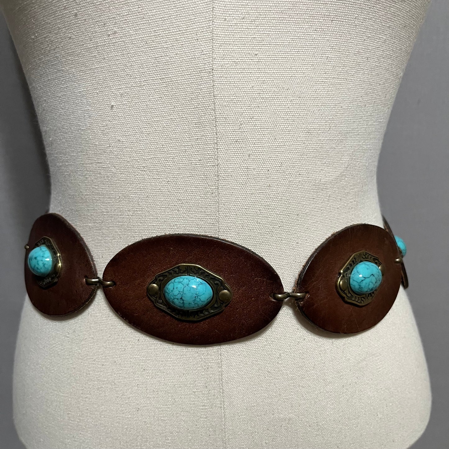 Vintage Lake Shore Drive Genuine Leather Brown Turquoise Belt Sz-Medium/Large