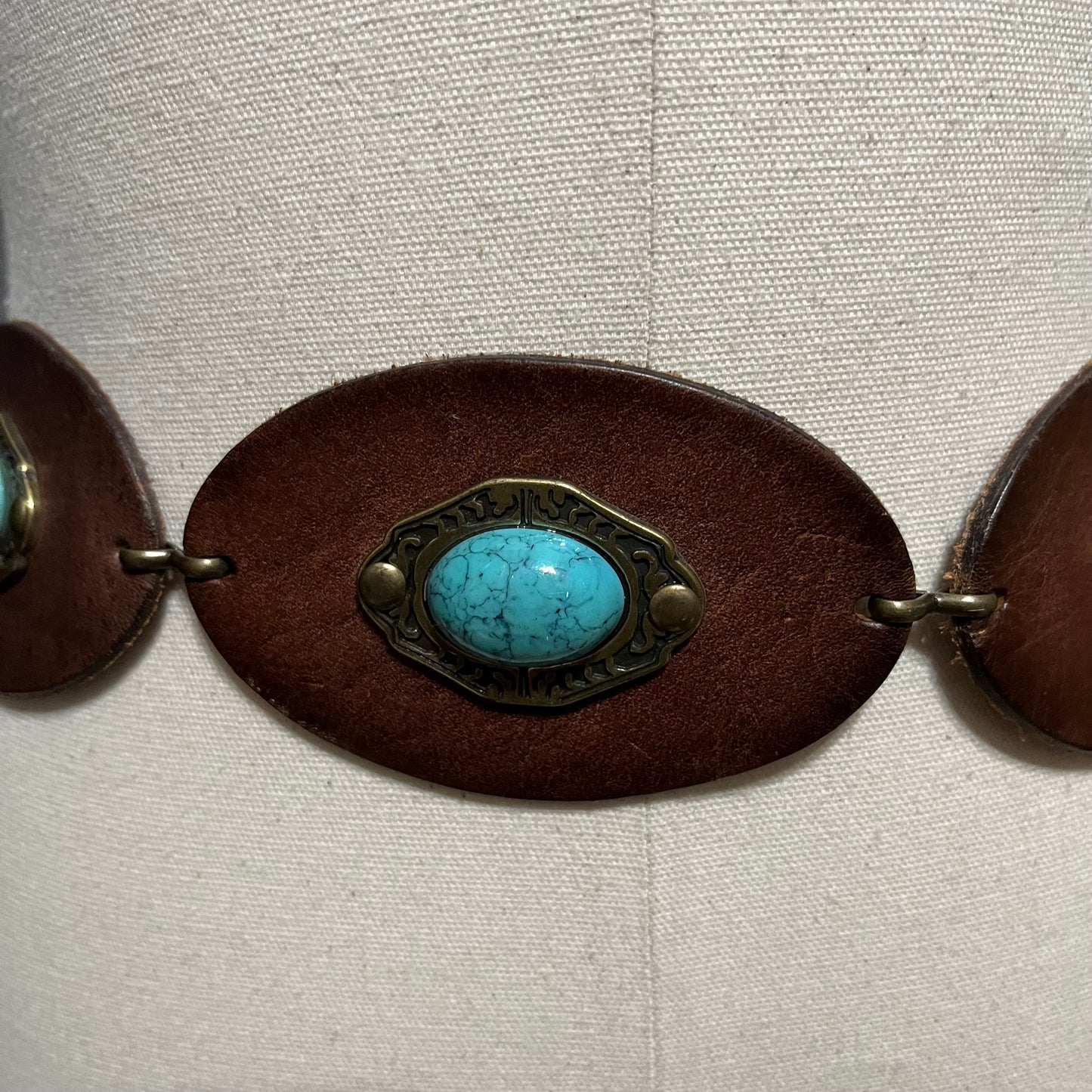 Vintage Lake Shore Drive Genuine Leather Brown Turquoise Belt Sz-Medium/Large