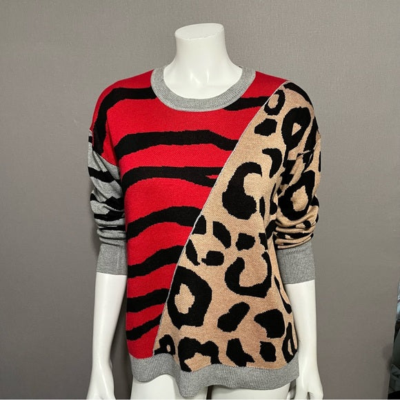 Neiman Marcus Animal Print Color Block Cashmere Blend Sweater Sz-Medium