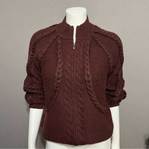 St. John Plum Cable Knit Zip Up Chunky Sweater Sz-Small