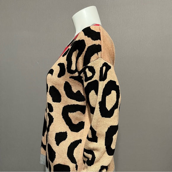 Neiman Marcus Animal Print Color Block Cashmere Blend Sweater Sz-Medium