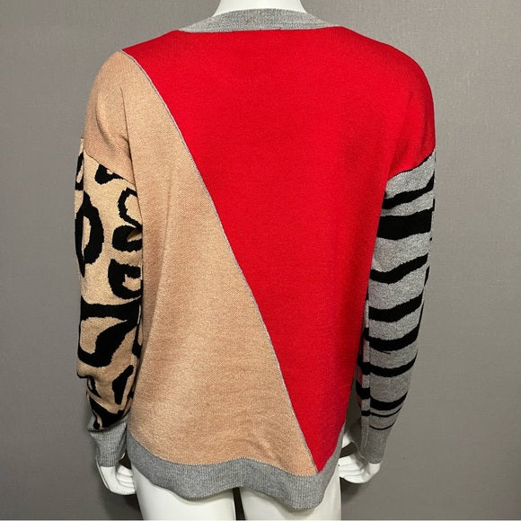 Neiman Marcus Animal Print Color Block Cashmere Blend Sweater Sz-Medium