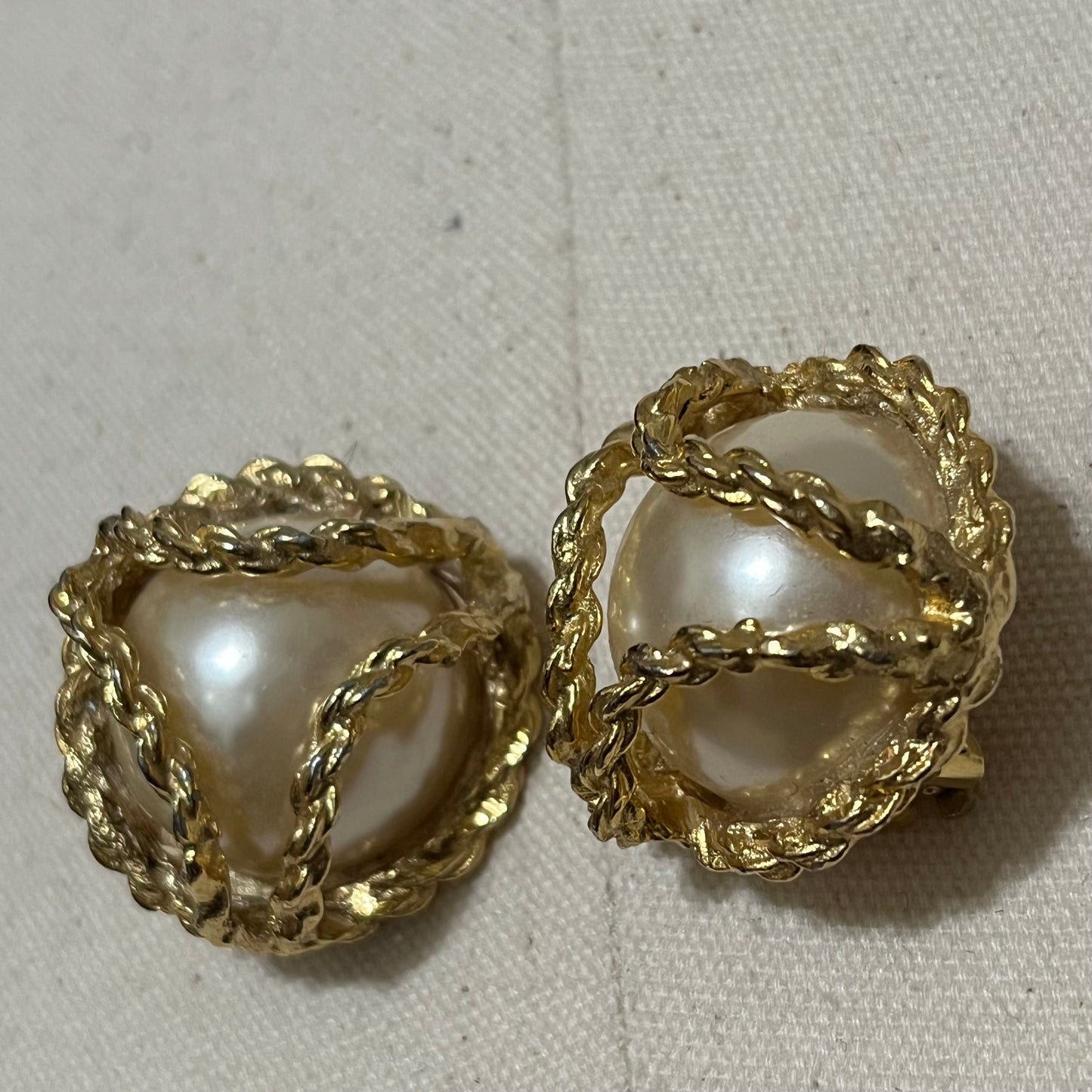 Gold Wrap Textured With Large Pearl Clip On Earrings