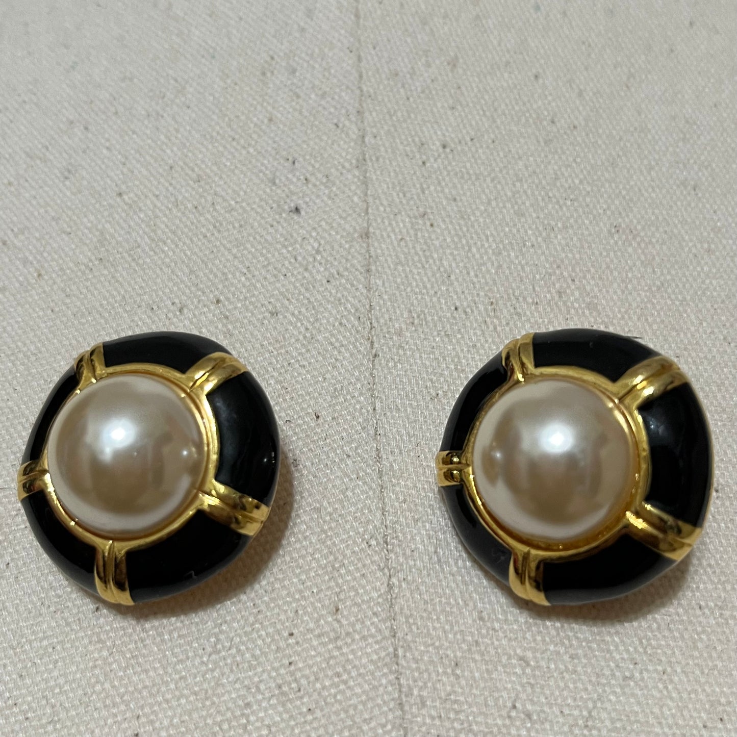 Black With Gold Large Centered Pearl Clip On Earrings