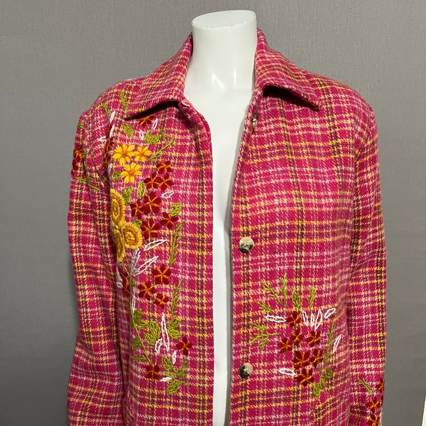 Anthropology Plenty Pink Plaid With Floral Appliqué Wool Blend Coat Sz-Medium