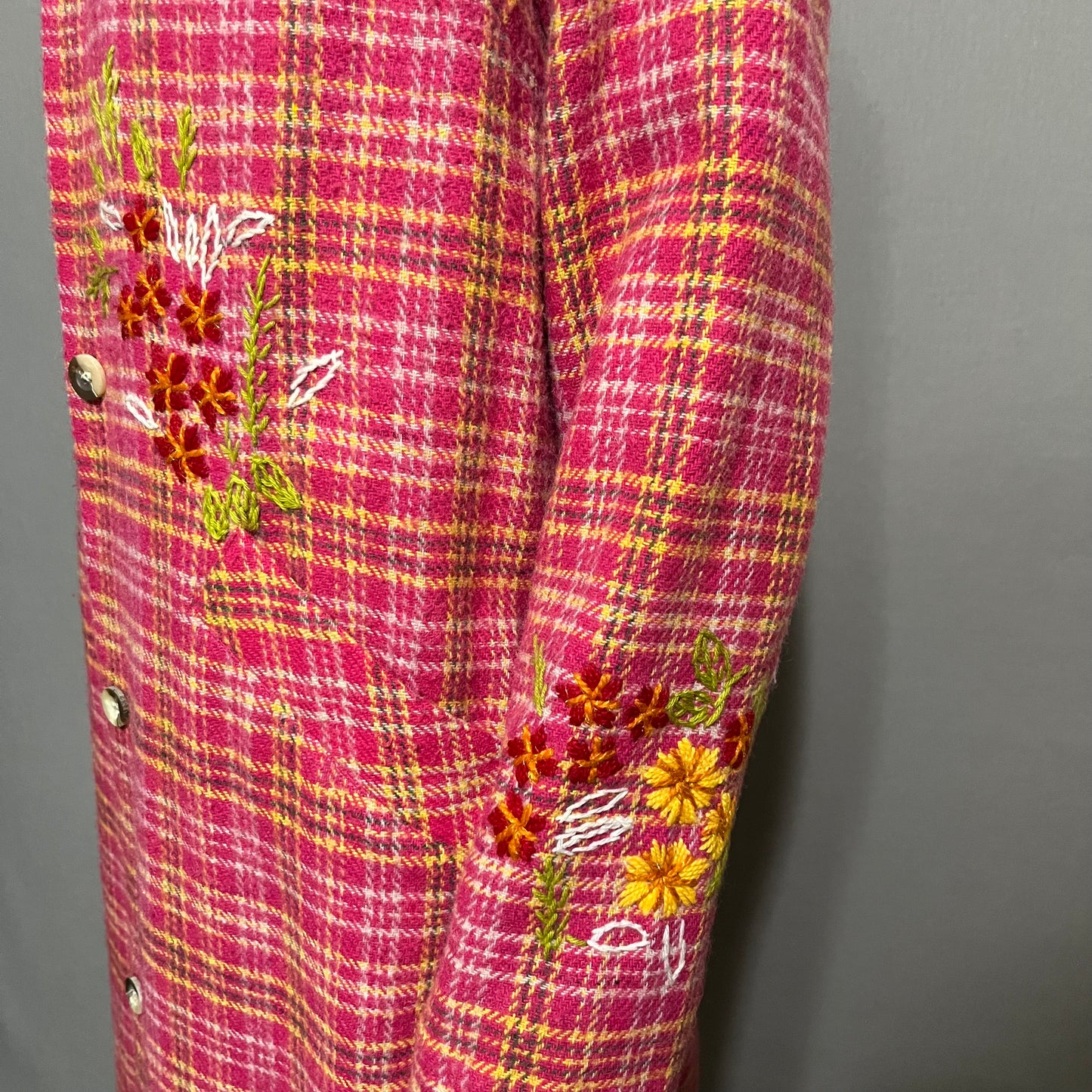 Anthropology Plenty Pink Plaid With Floral Appliqué Wool Blend Coat Sz-Medium