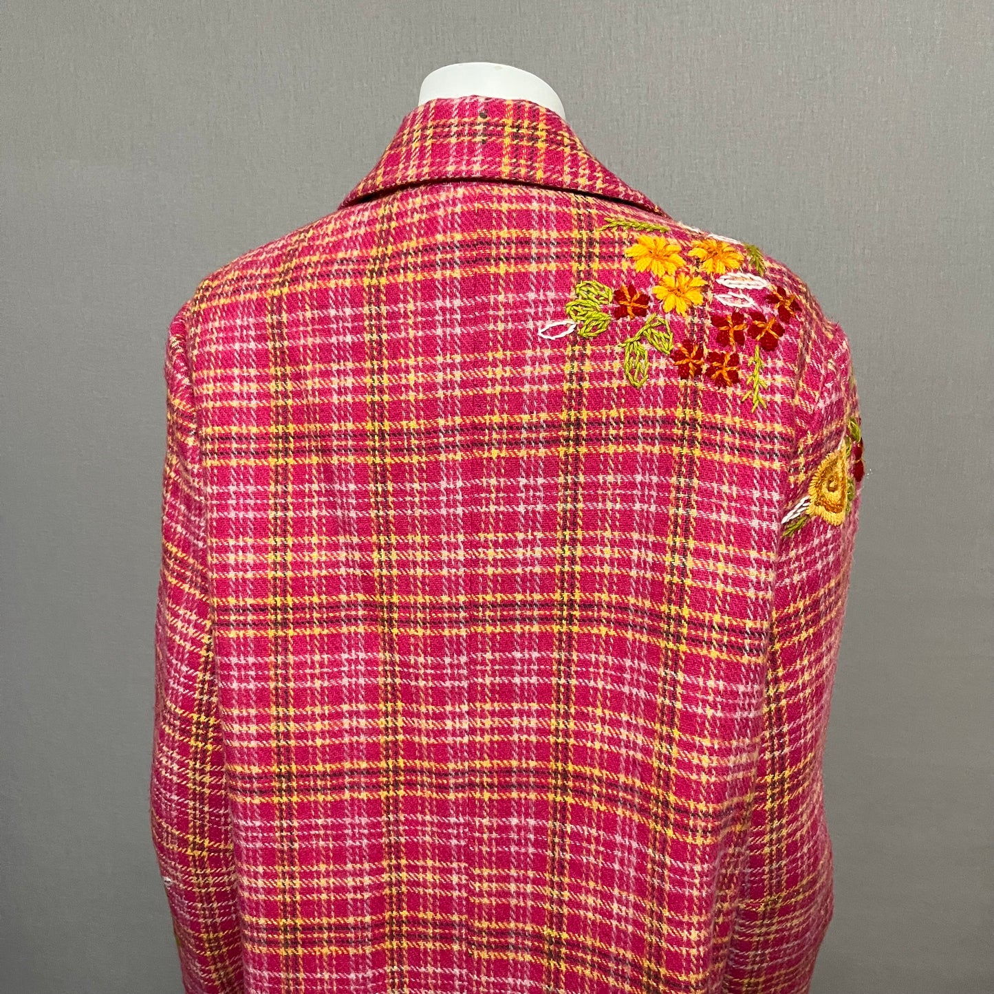 Anthropology Plenty Pink Plaid With Floral Appliqué Wool Blend Coat Sz-Medium