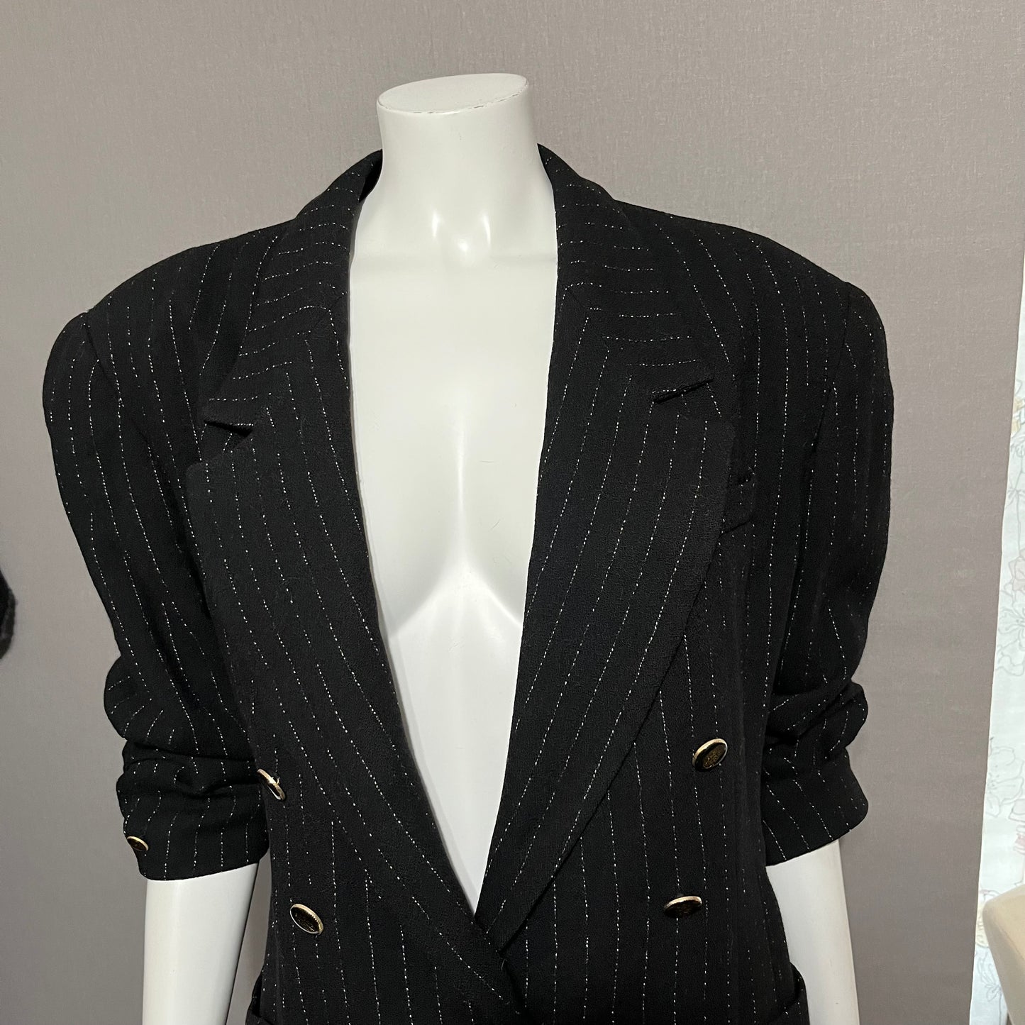 Vintage Black Stripe With Gold Black Buttons Wool Blazer Sz-12