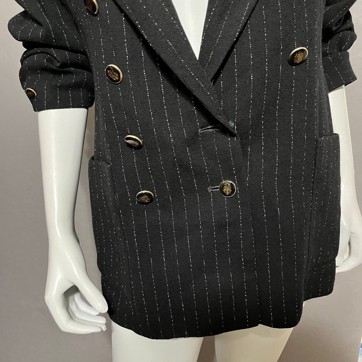 Vintage Black Stripe With Gold Black Buttons Wool Blazer Sz-12