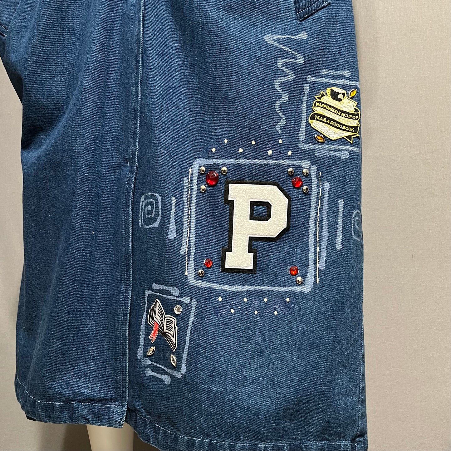 Custom Made Letterman Denim Duster Jacket Sz-XXL