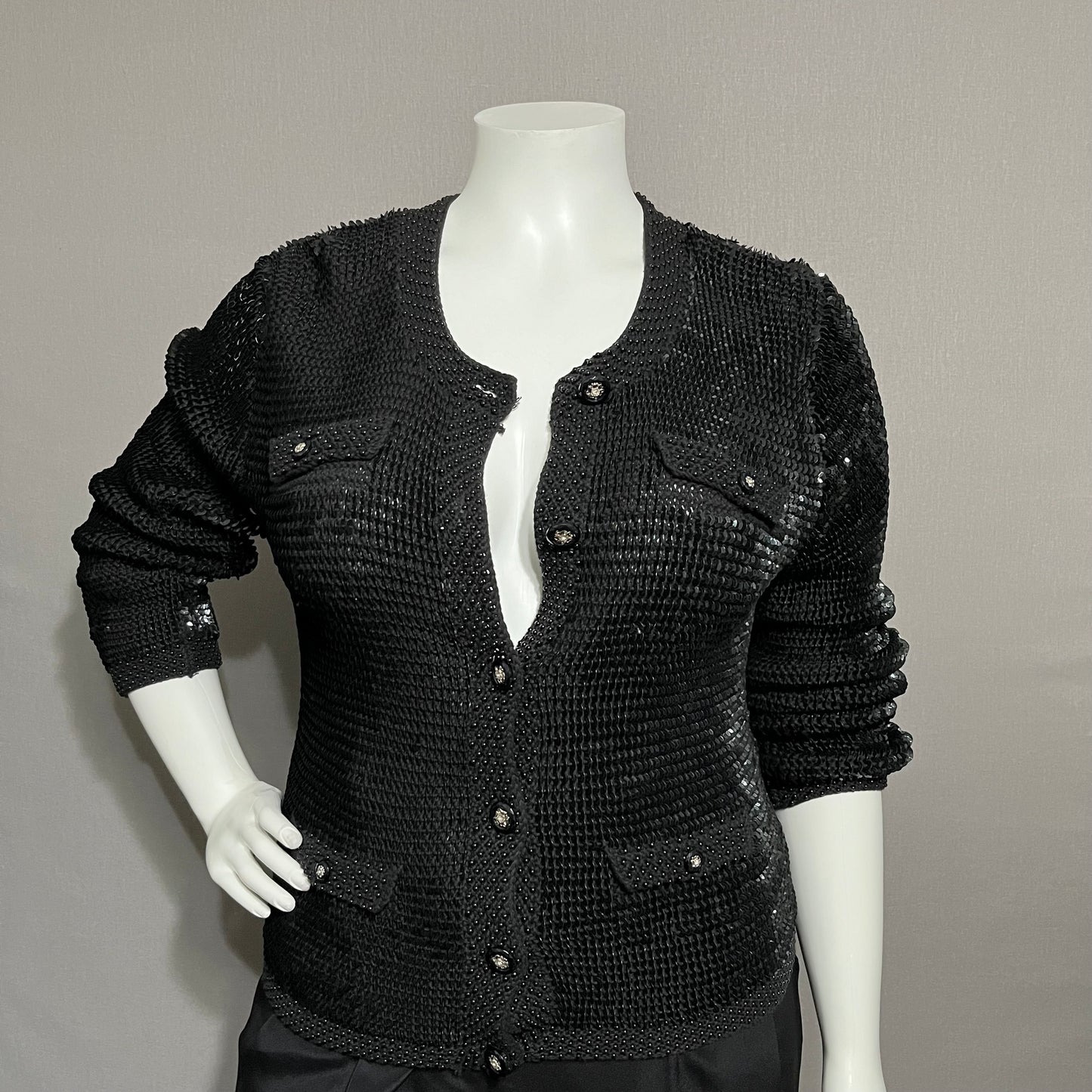 Vintage Gardy Black Sequin Chanel Like 100% Cotton Cardigan Sz-XL