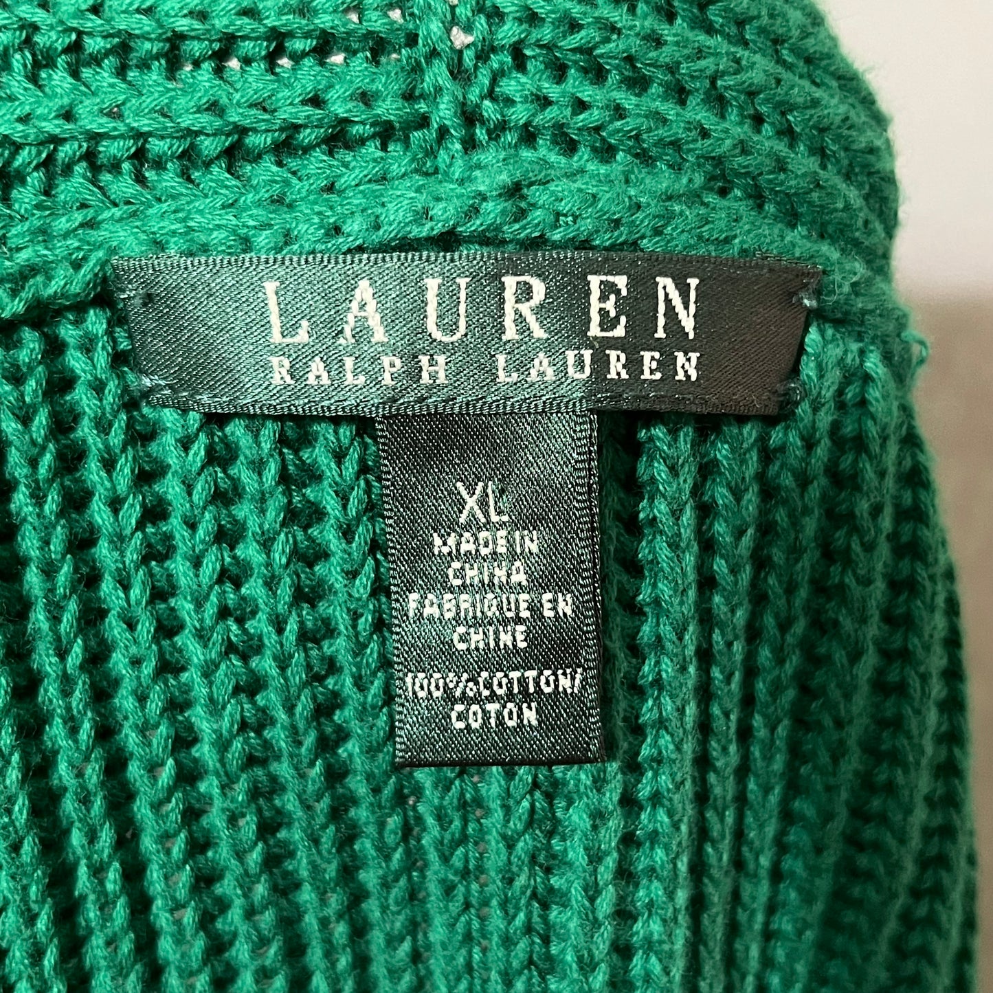 Lauren Ralph Lauren Green 100% Cotton Ribbed Waterfall Sweater Sz-XL