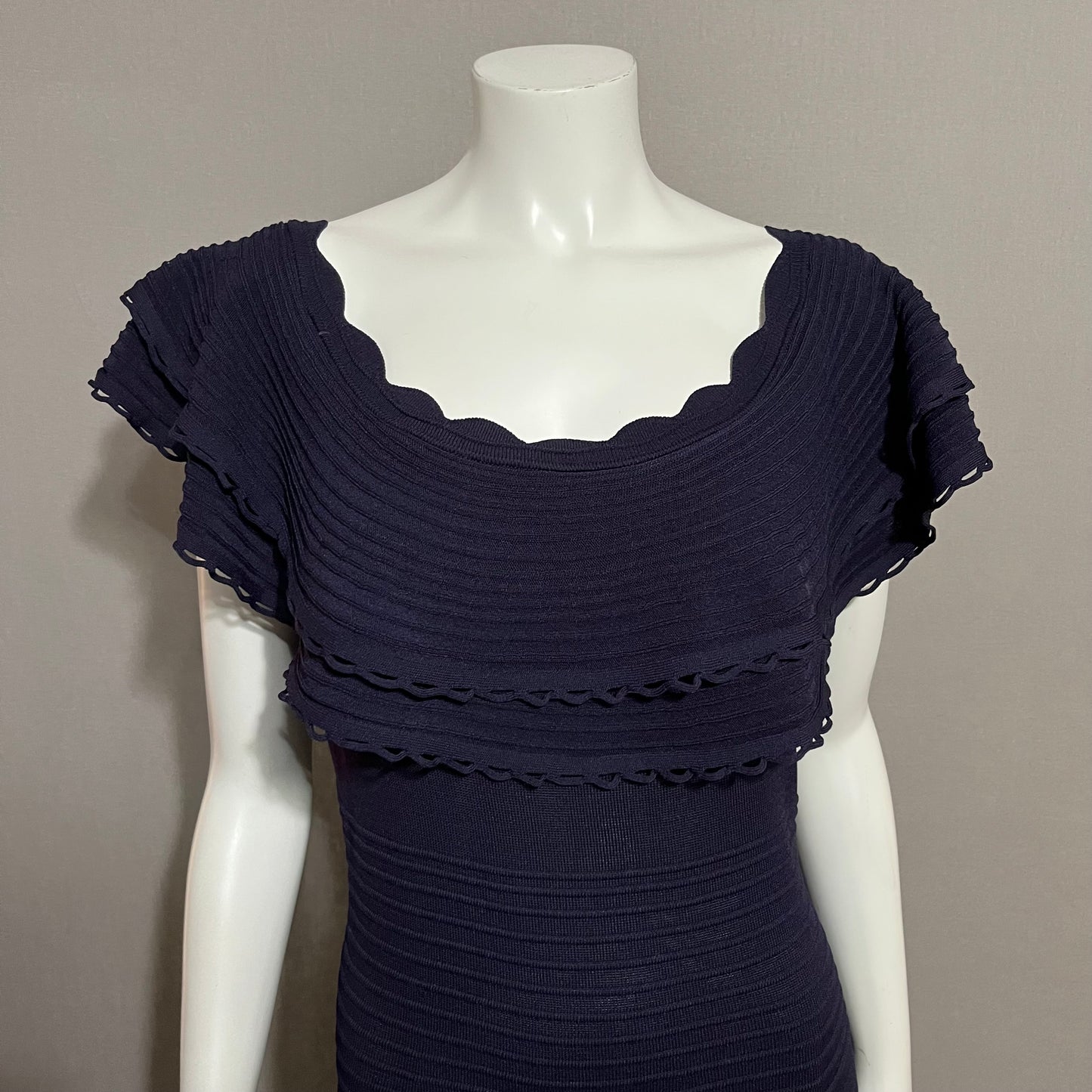 Eliza J Navy Scalloped Double Layer Neckline Knit Stretch Fit & Flare Dress Sz-16