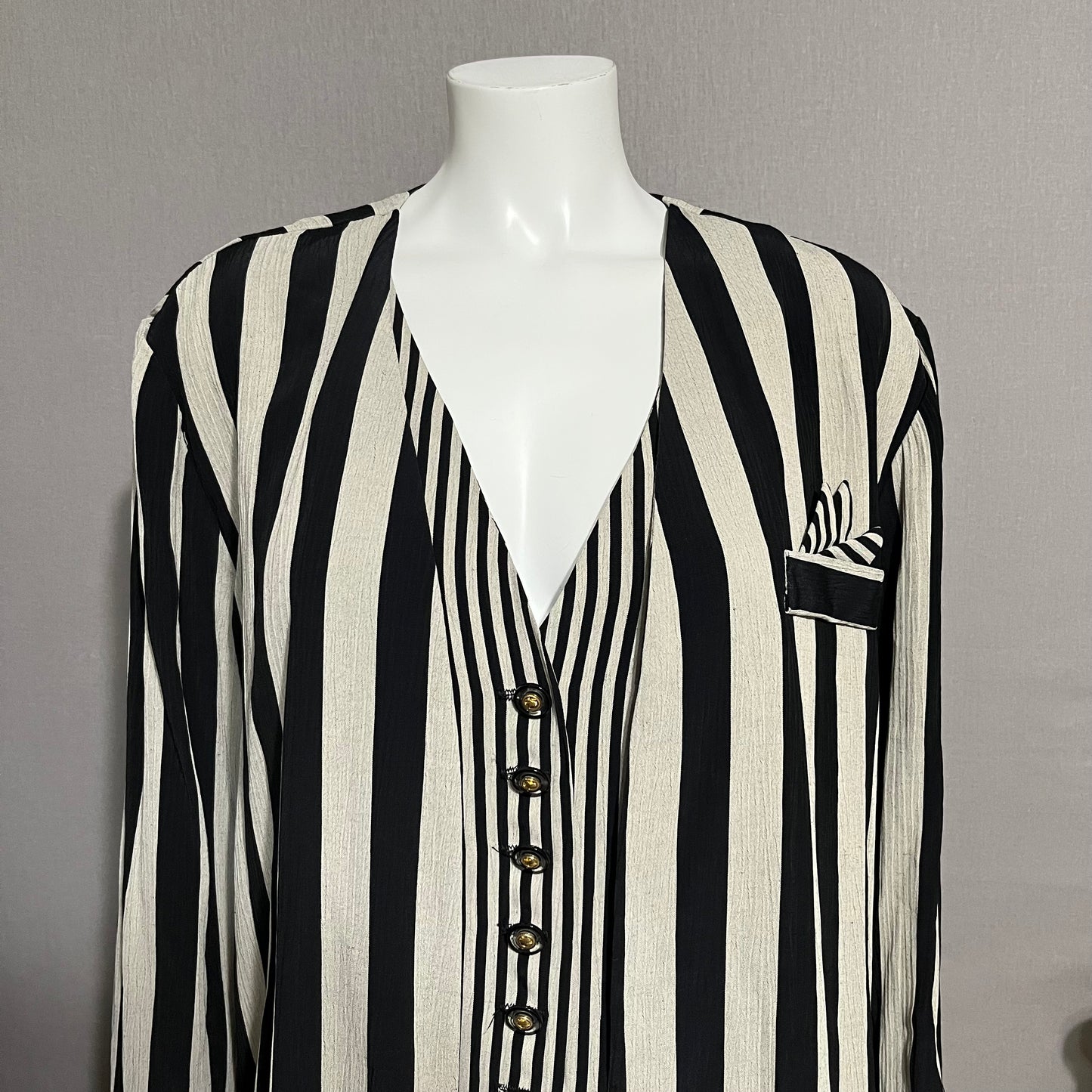 Vintage Perceptions Ecru & Black Striped Vest Attached Blazer Sz-14