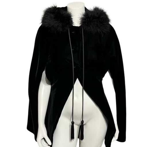 Vintage Black Velvet With Faux Fur Trim Cape Sz-Medium