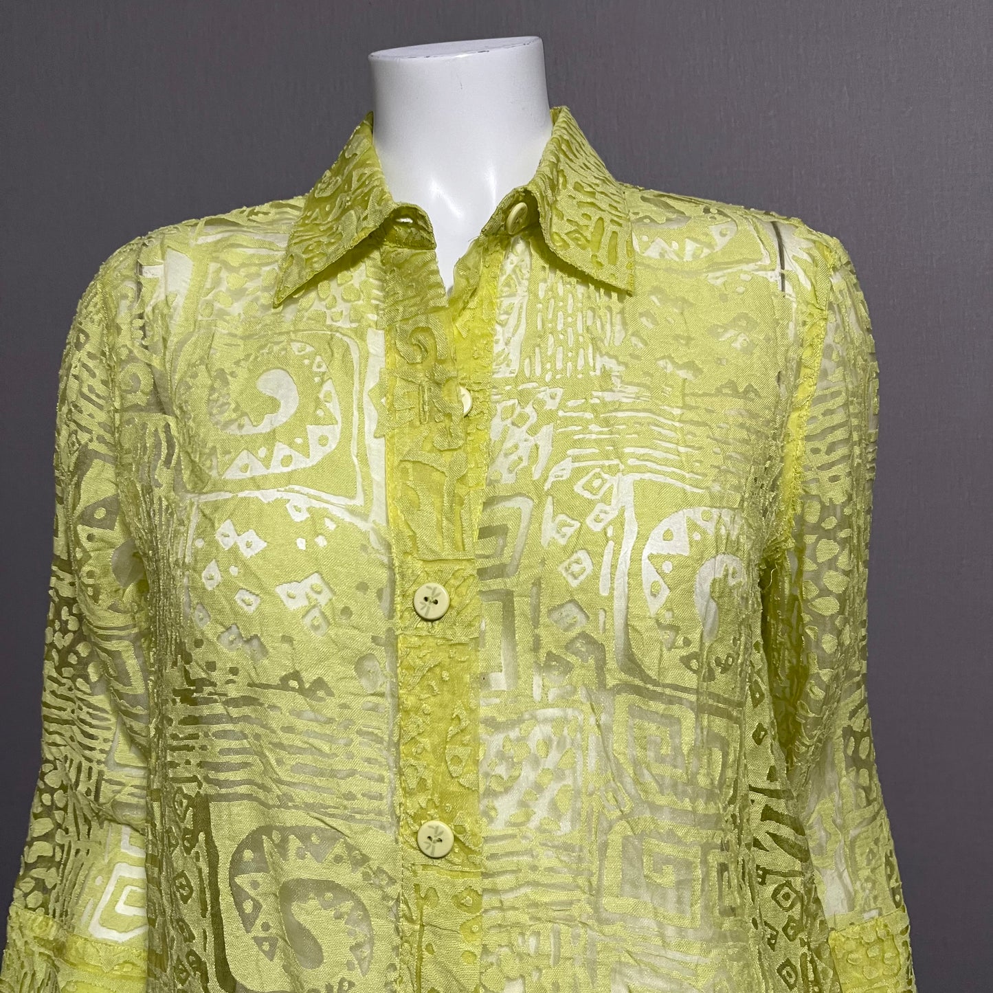 Chartreuse Textured Sheer Button Up Shirt Sz-Small/ Medium #46