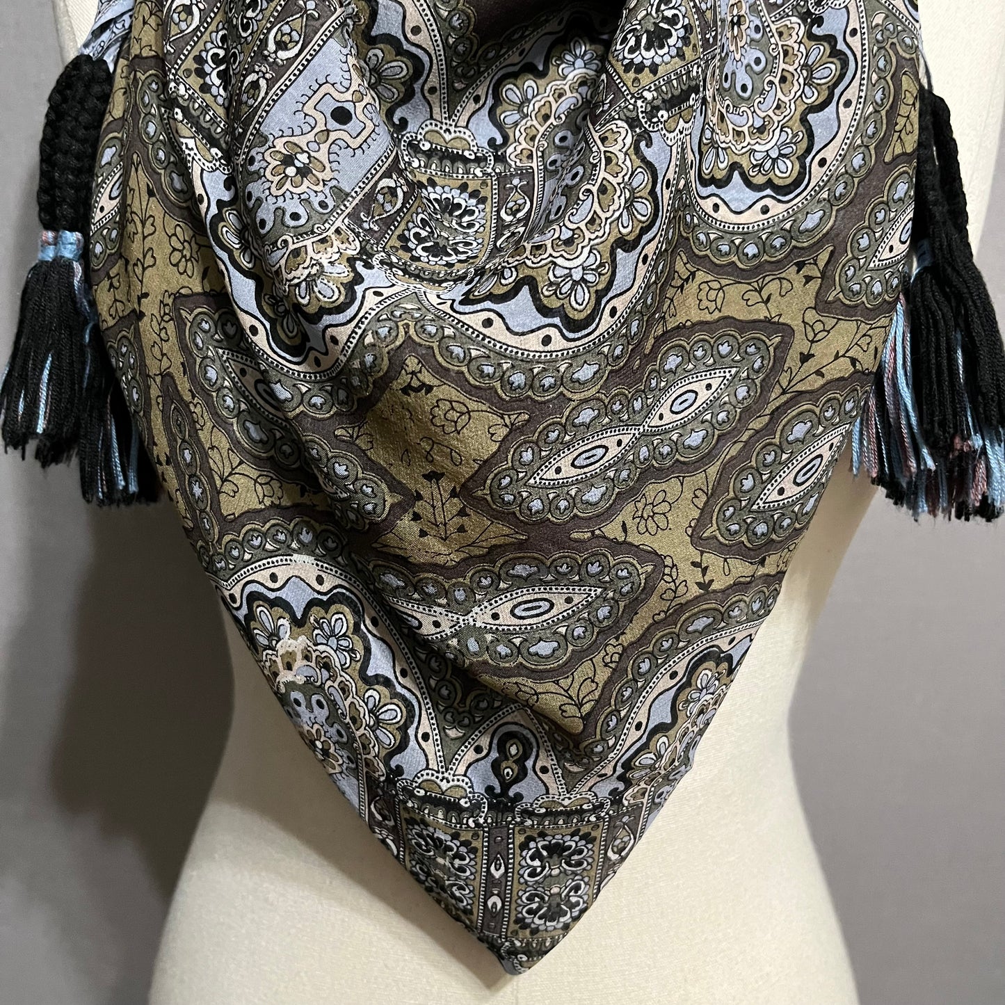 Johnny Was Blue Taupe Paisley Print Silk Large Tassels Scarf