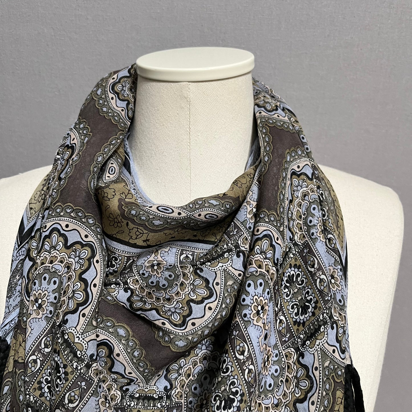 Johnny Was Blue Taupe Paisley Print Silk Large Tassels Scarf