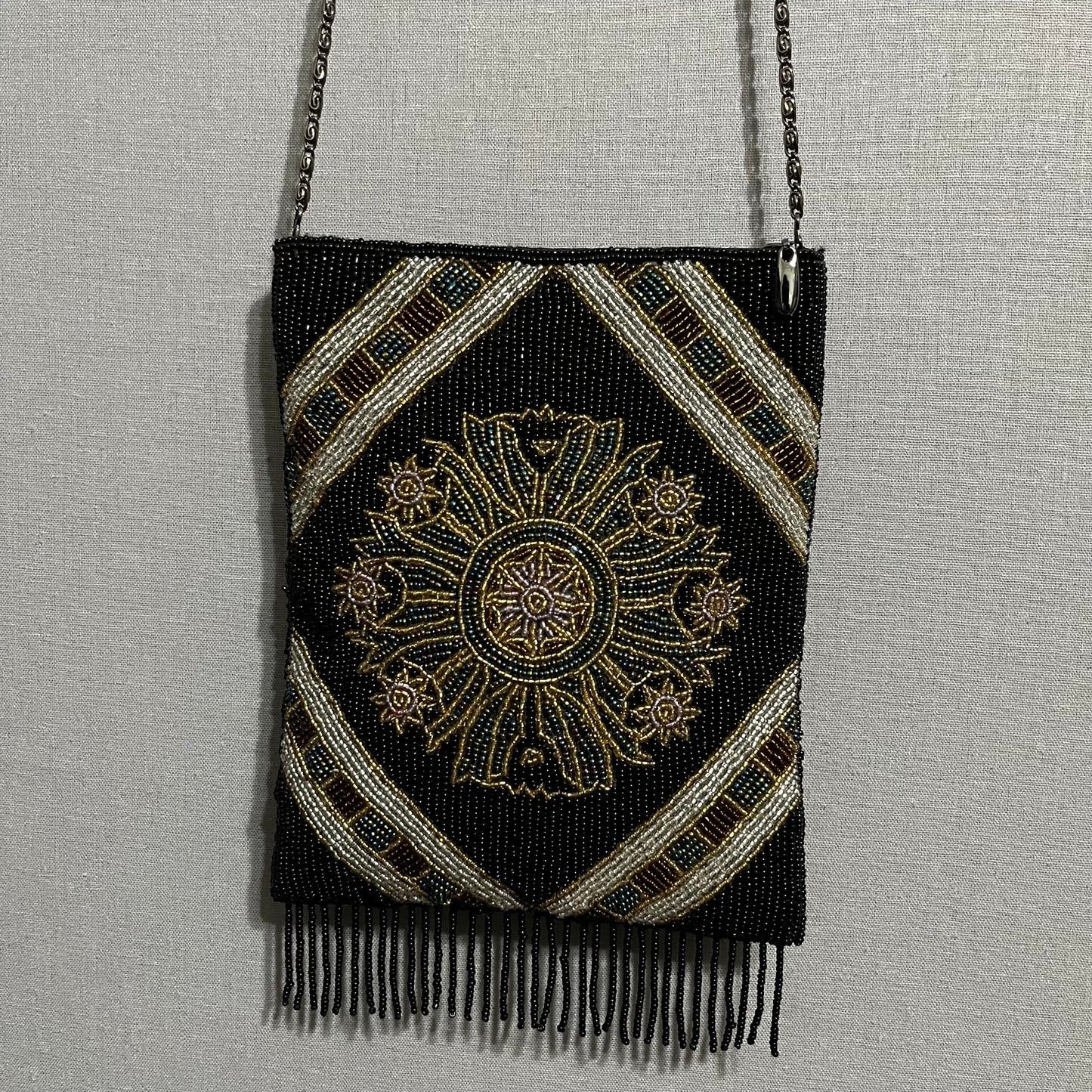 Lady Jade Beaded Blue | Black Boho 2 Color Sided Fringe Crossbody Bag