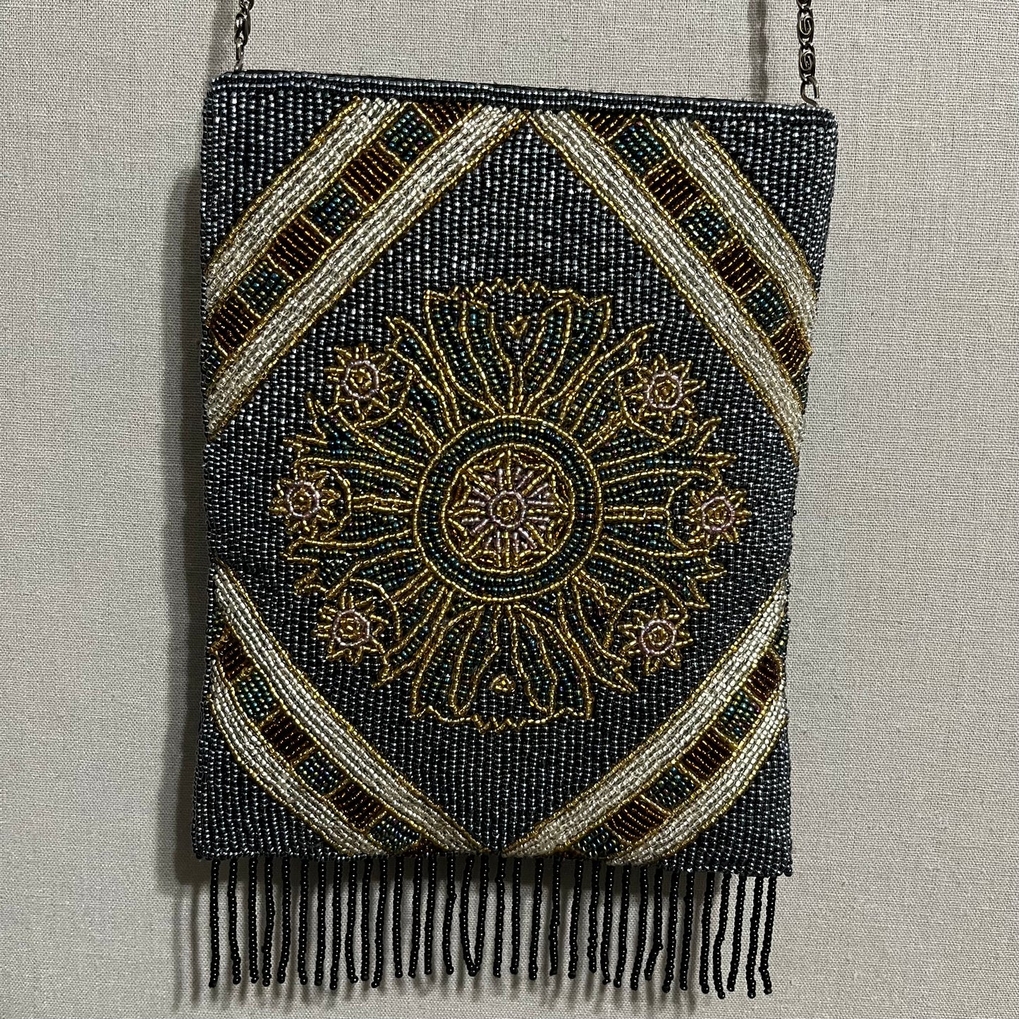 Lady Jade Beaded Blue | Black Boho 2 Color Sided Fringe Crossbody Bag