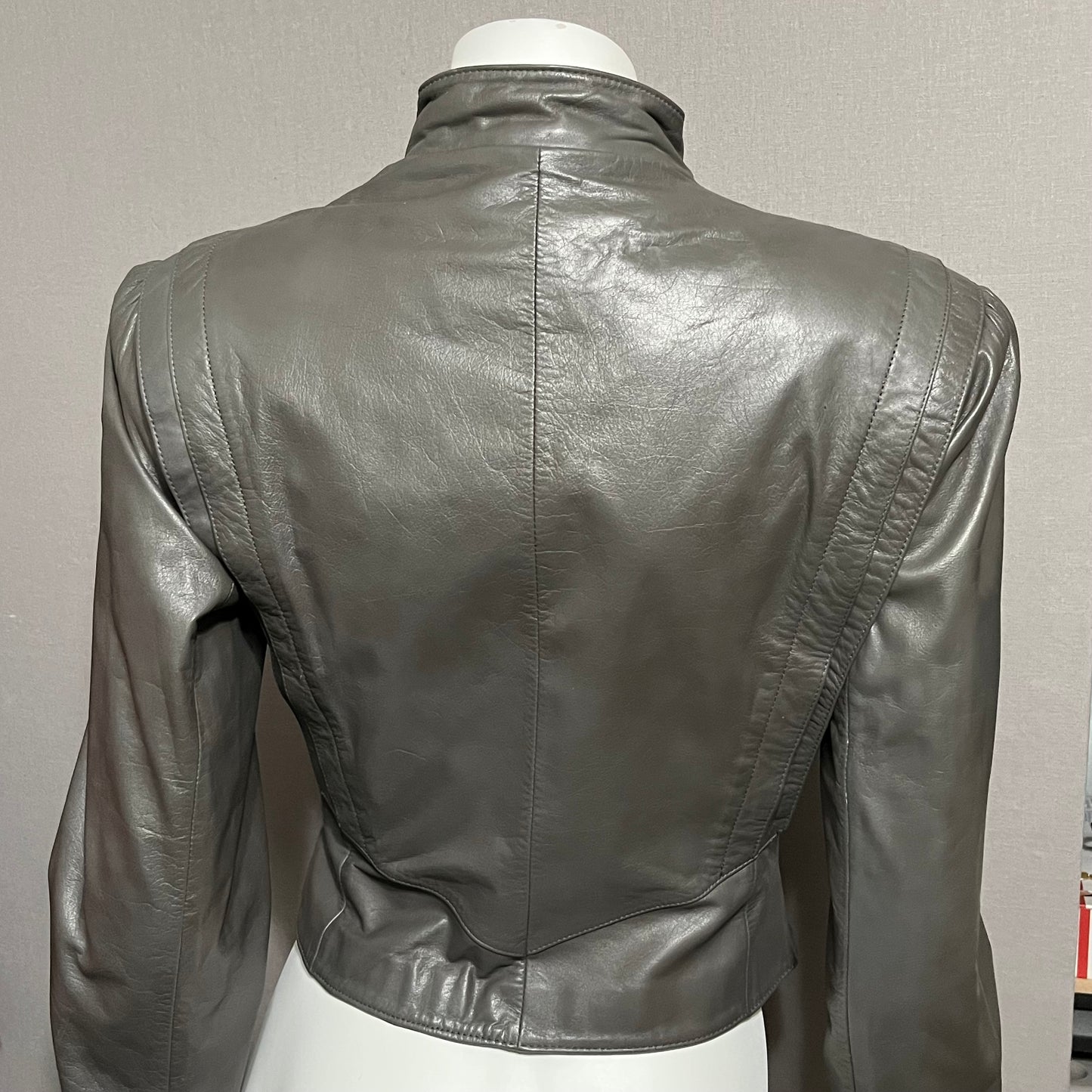 Vintage Speciale Mode Gray Asymmetrical Zip Cropped Leather Jacket Sz-Small