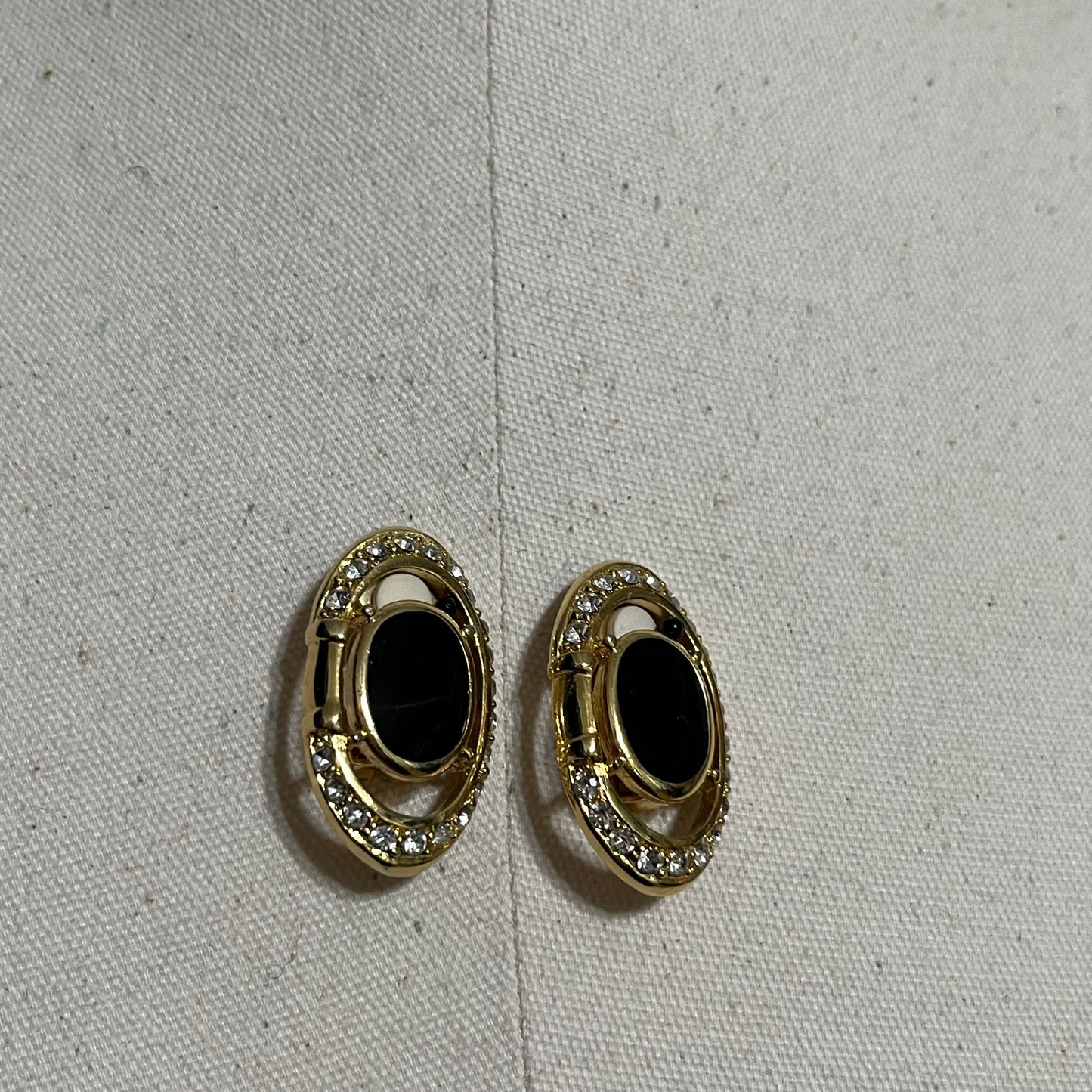 Vintage Black With Gold Rhinestone Oval Clip On Earrings