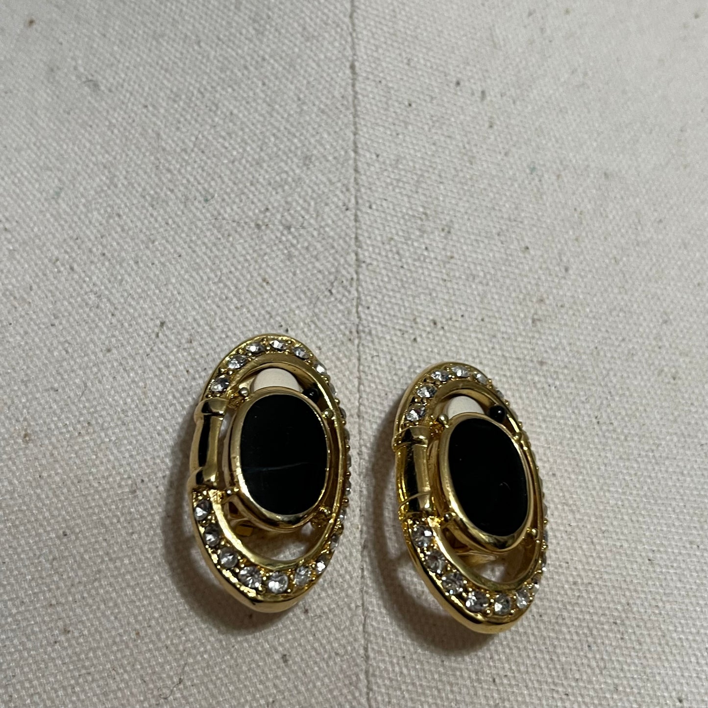 Vintage Black With Gold Rhinestone Oval Clip On Earrings