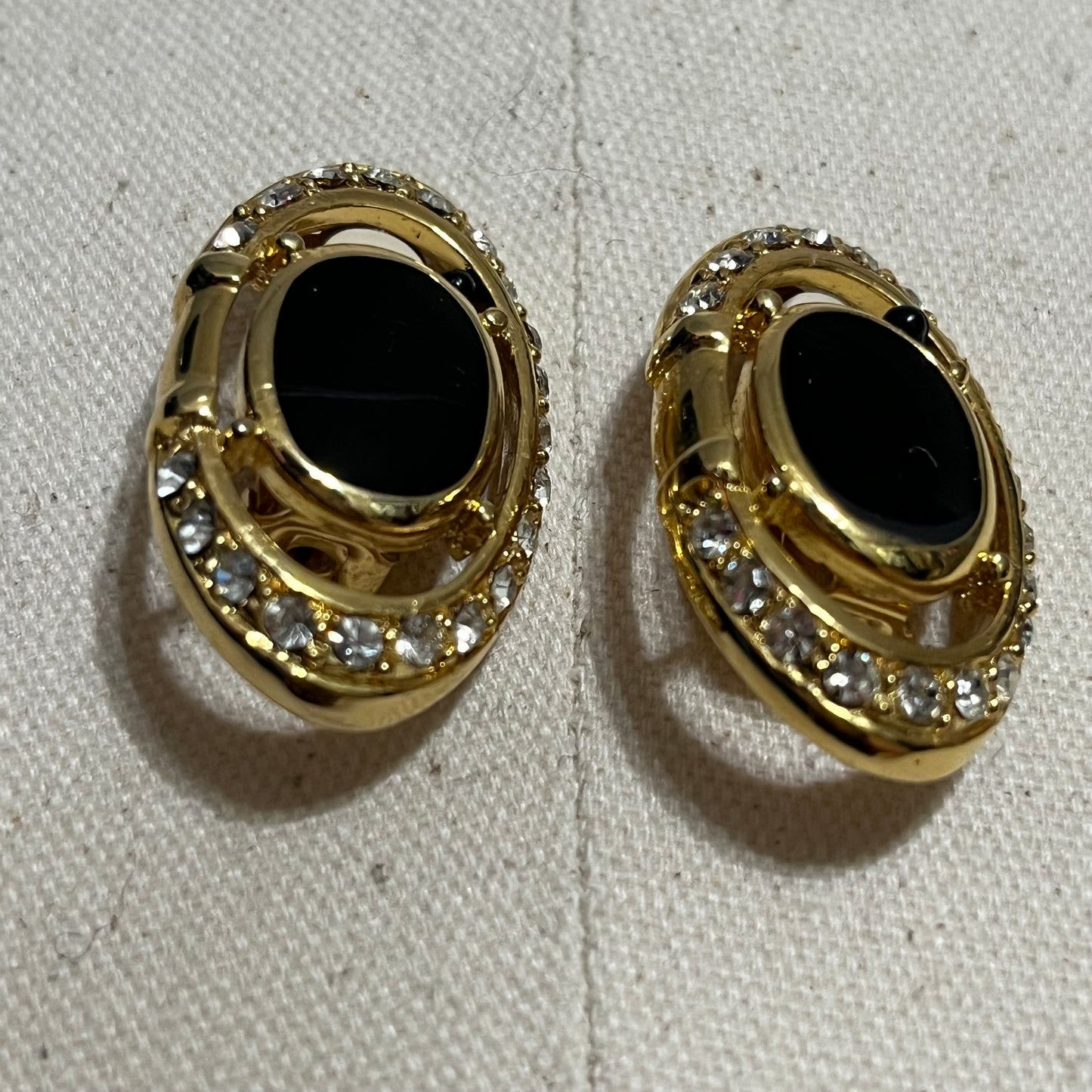 Vintage Black With Gold Rhinestone Oval Clip On Earrings