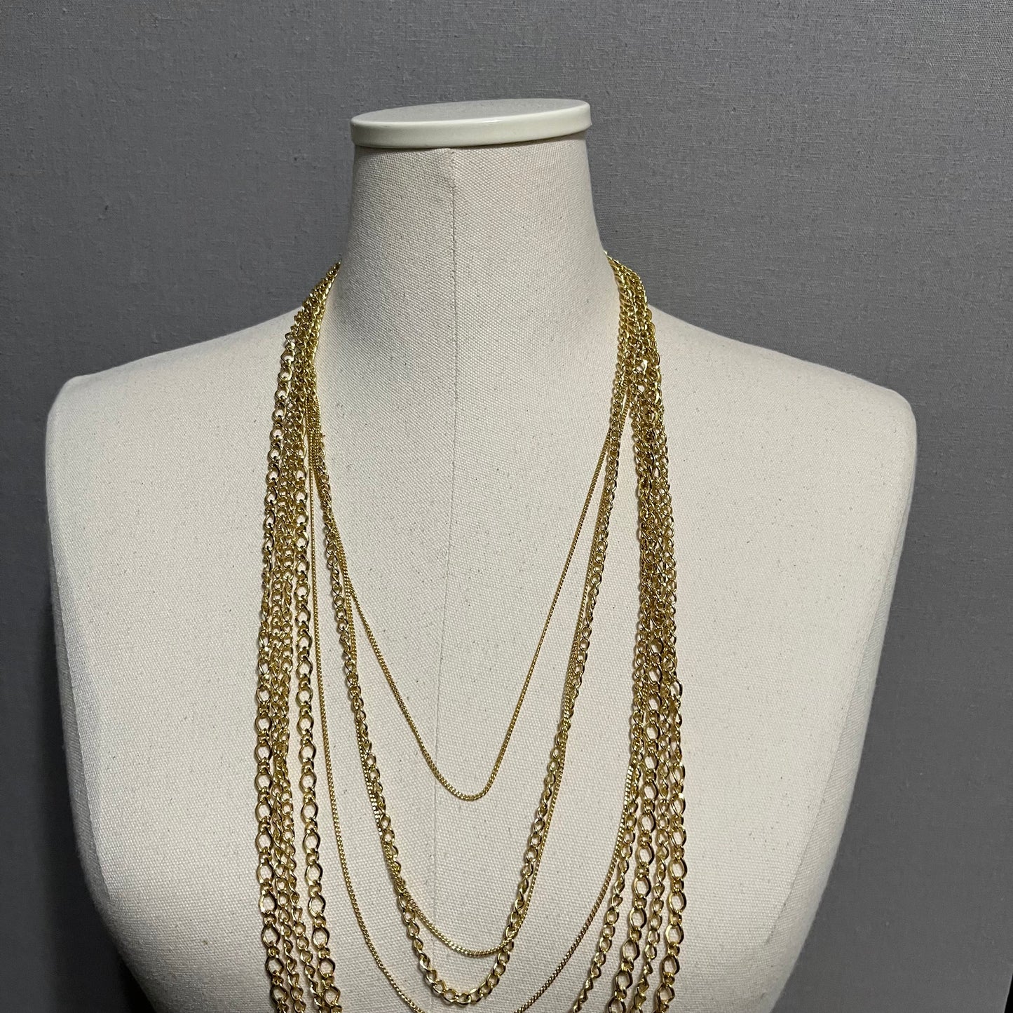 Multilayer Gold Tone 8 Strand Long Bib Chain Necklace