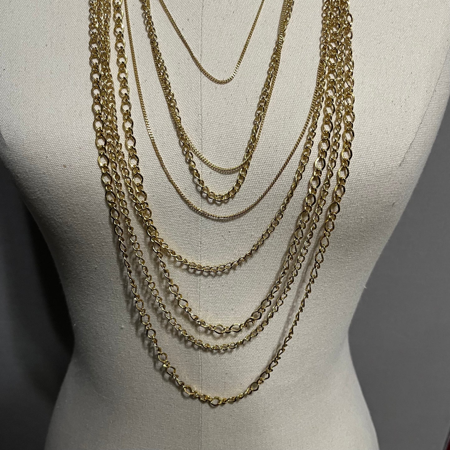 Multilayer Gold Tone 8 Strand Long Bib Chain Necklace