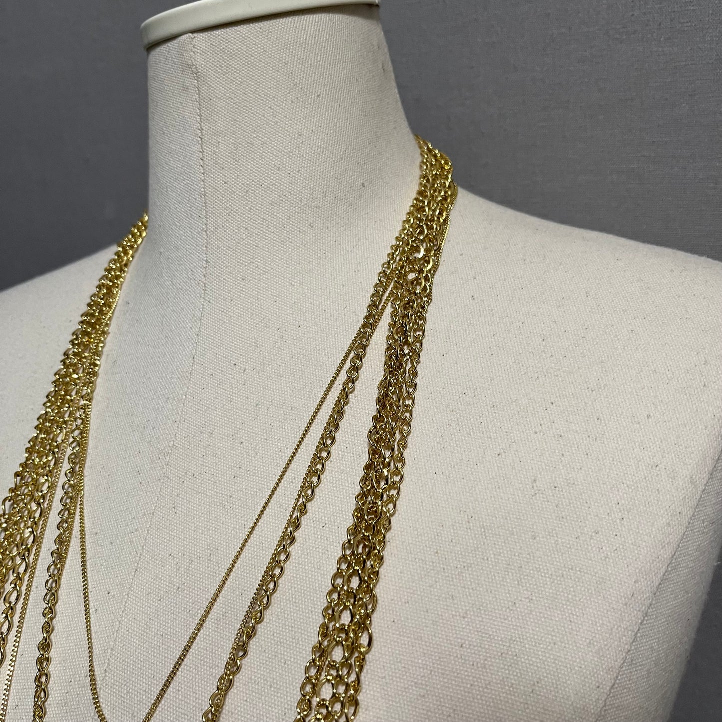 Multilayer Gold Tone 8 Strand Long Bib Chain Necklace