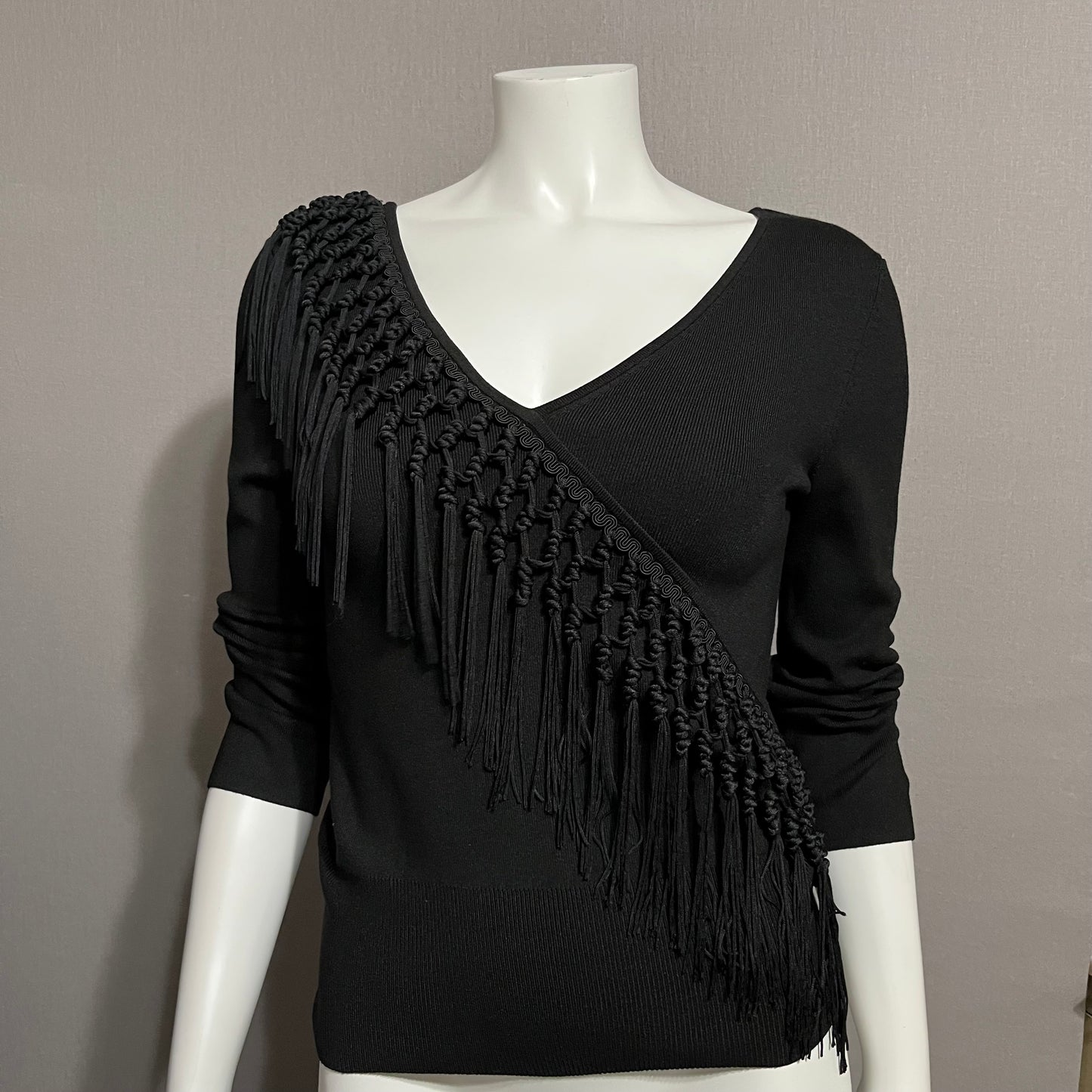 Cache Black Silk  Blend Artsy Fringe V-Neck Sweater Sz- Large