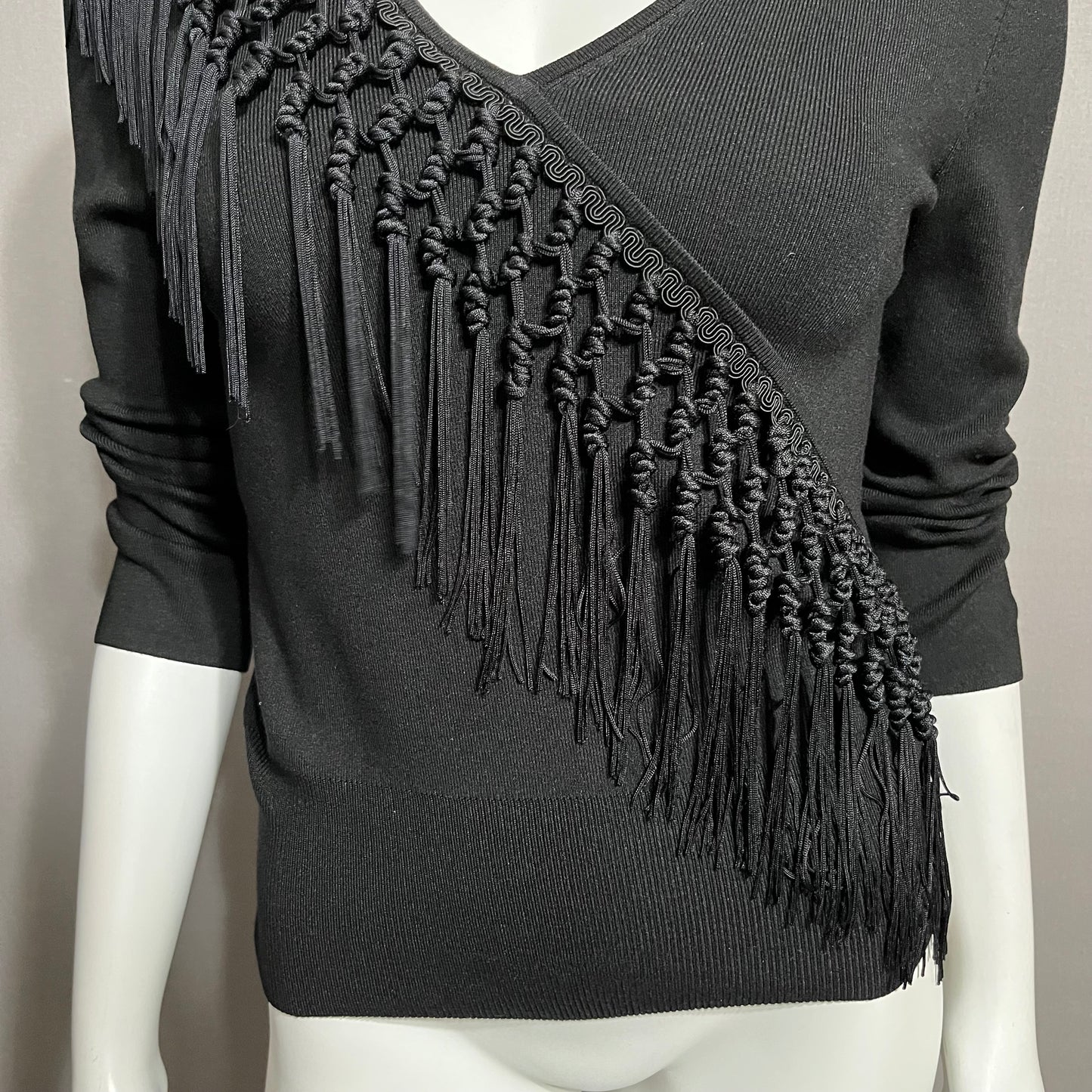 Cache Black Silk  Blend Artsy Fringe V-Neck Sweater Sz- Large