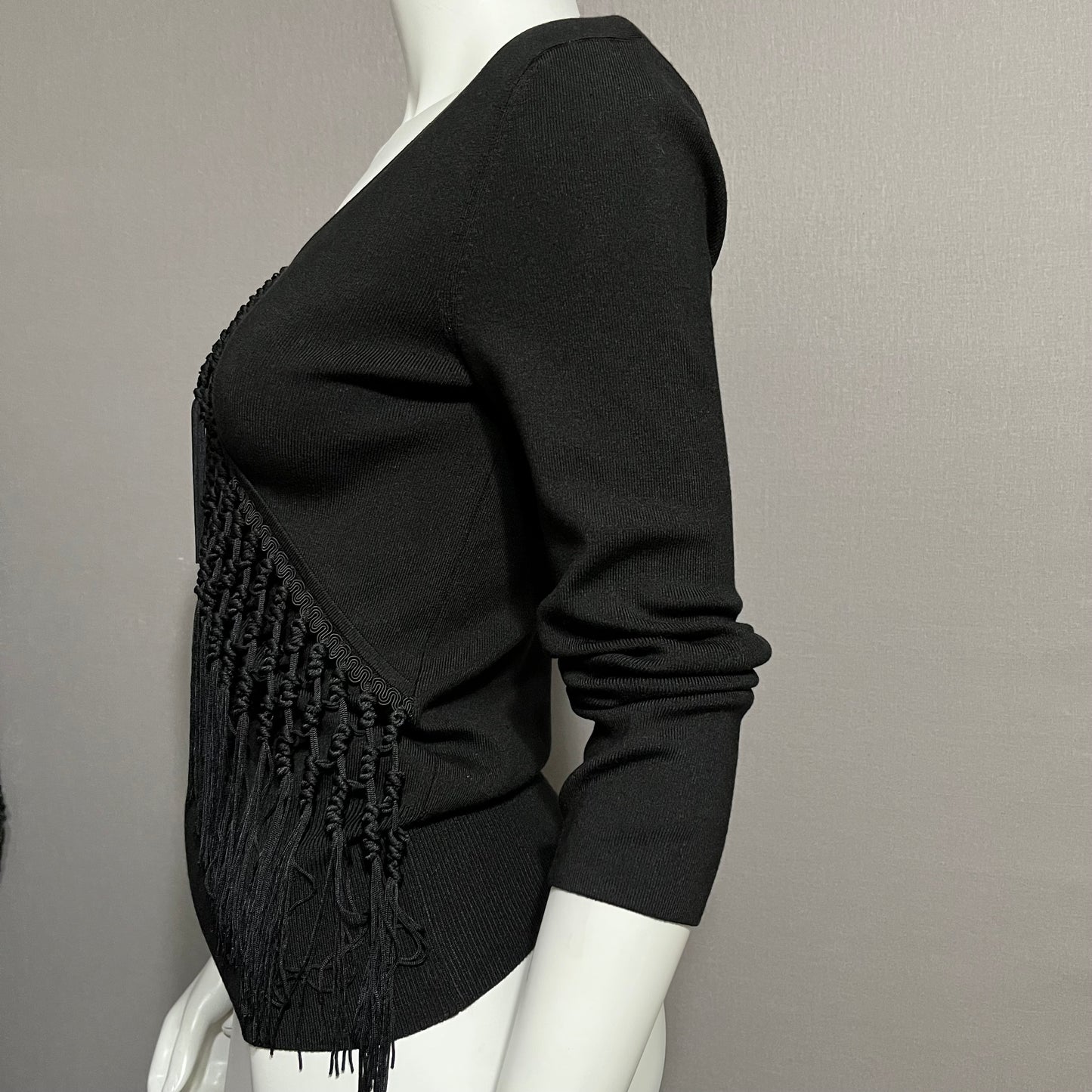 Cache Black Silk  Blend Artsy Fringe V-Neck Sweater Sz- Large