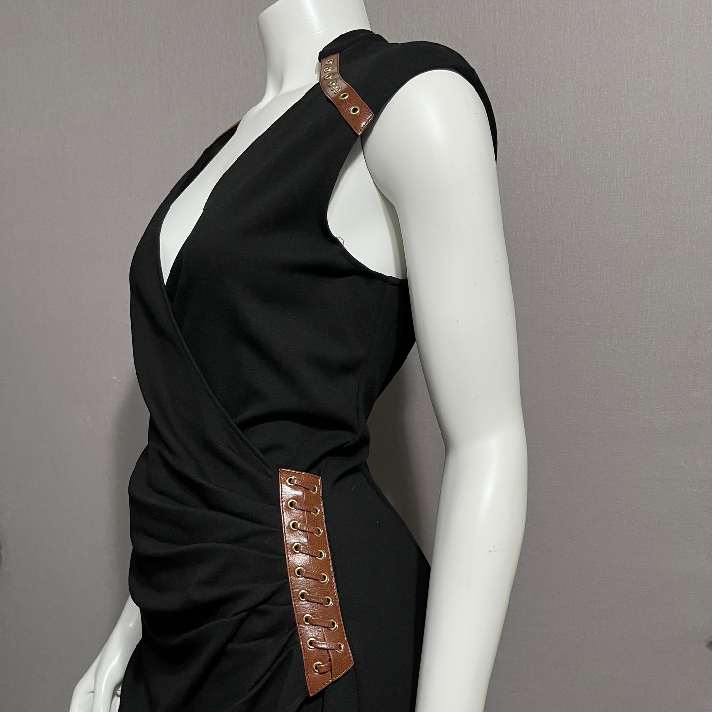 Cache Black Ponte Knit With Gathered Waist Brown Gold Accents Dress Sz-10